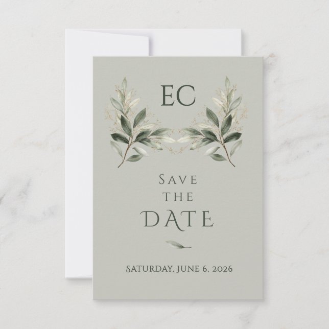 Reserve A Data Sage Green Olive Branch Monogram Wedding (Frente)