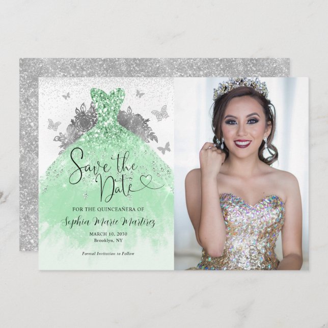 Reserve A Data Sage Green Silver Glitter Vestida Quinceañera Foto (Frente/Verso)