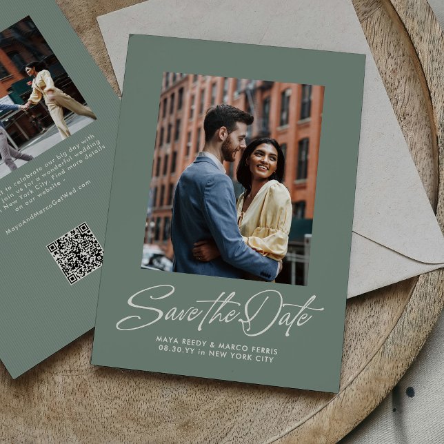 Reserve A Data Sage green trendy script two photo wedding (Criador carregado)