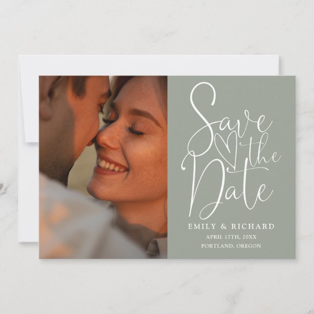 Reserve A Data Sage Green Wedding 2 Foto Elegante Script (Frente)
