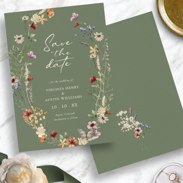 Reserve A Data Sage Green Wildflower Save The Date Flat Card (Watercolor Sage Green Wildflower Save The Date Flat Card with Butterfly by Painted Paperie)