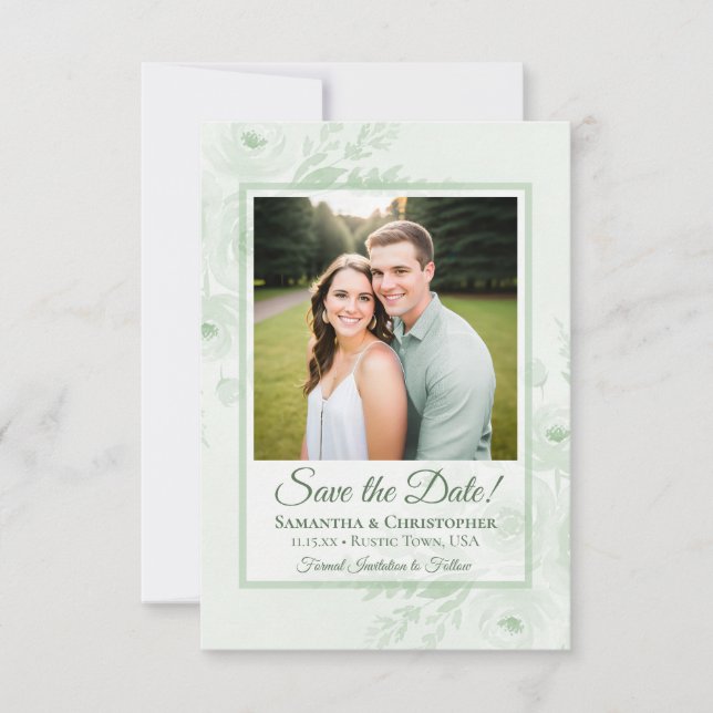 Reserve A Data Sage Verde Boho Chic Peônias & Foto Casamento (Frente)
