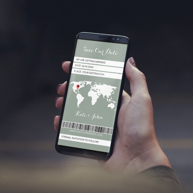 Reserve A Data Sage Verde de Destino de Embarque Eletrônico (save the date boarding pass electronic ticket sage green world map destination wedding)