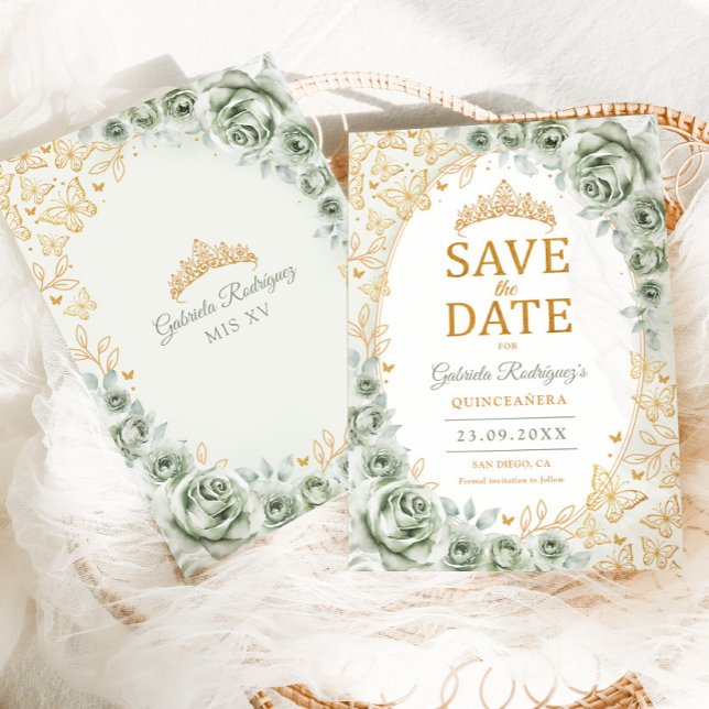 Reserve A Data Sage Verde Dourado Floral Quinceanera (Criador carregado)