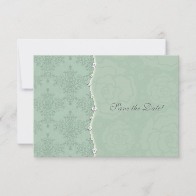 Reserve A Data Sage Verde e Floral Damask Branco Salvar a Data (Frente)