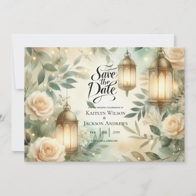 Reserve A Data Sage Verde e Marfim Rosa Lanterna Save the Date (Frente)