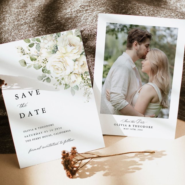Reserve A Data Sage Verde Floral Branco Foto Casamento (Sage green white floral watercolor photo save the date wedding card, front and back design)