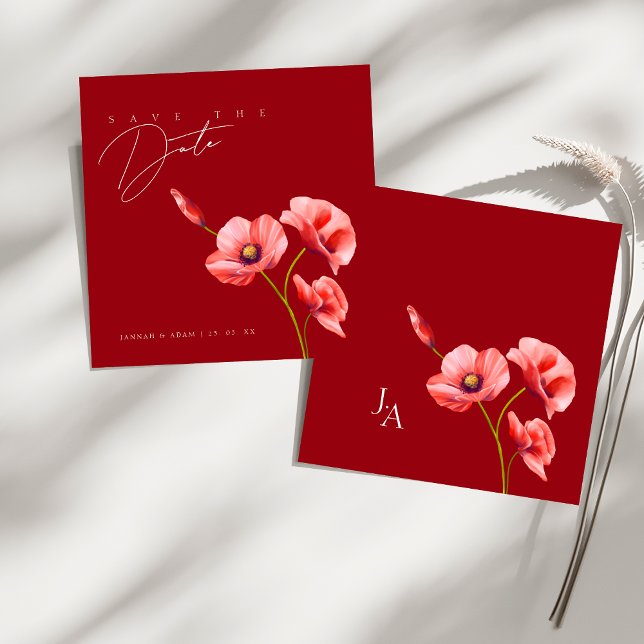 Reserve A Data Salmões Simples Florais de Papoulas Vermelhas para (Simple Crimson Red Poppies Floral Wedding Save The Date)