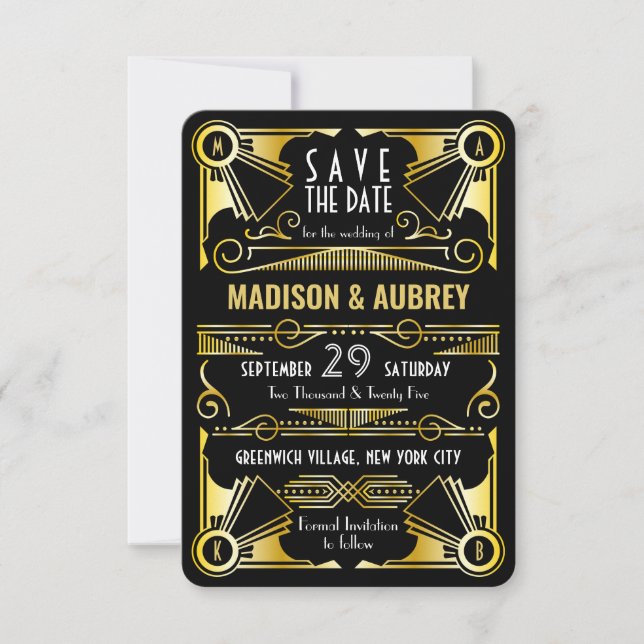 Reserve A Data Salvar a Data Casamento Gatsby Arte Deco Dourado P (Frente)