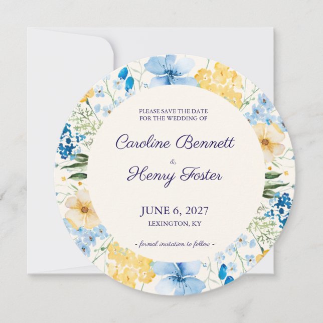 Reserve A Data Salvar a Data de Casamento Botânico Azul e Amarelo (Frente)