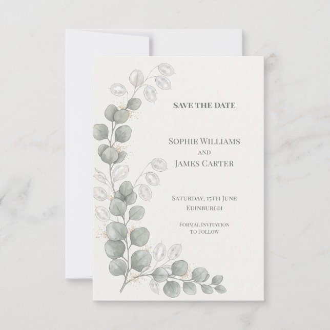 Reserve A Data Salvar a data de casamento com Eucalipto Prateado (Frente)