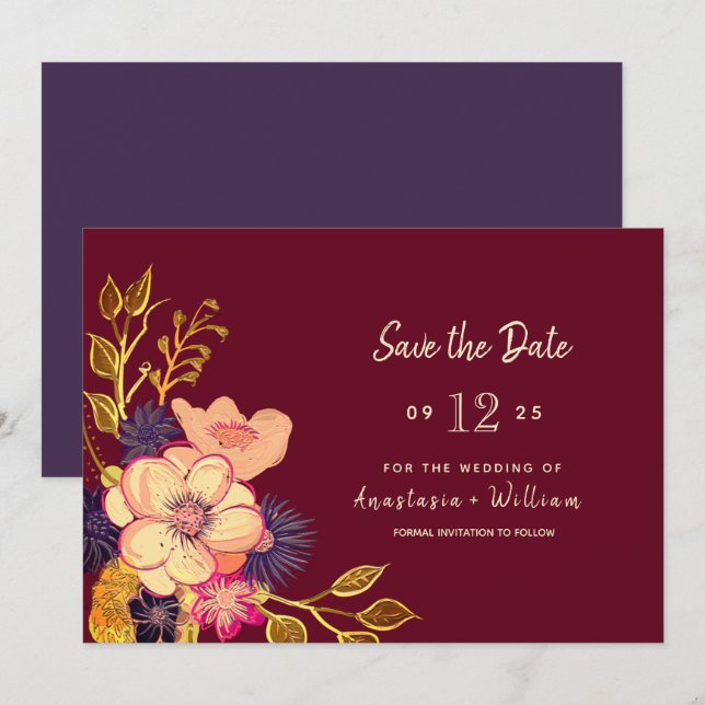 Reserve A Data Salvar a Data de Casamento Floral Borgonha (Frente/Verso)