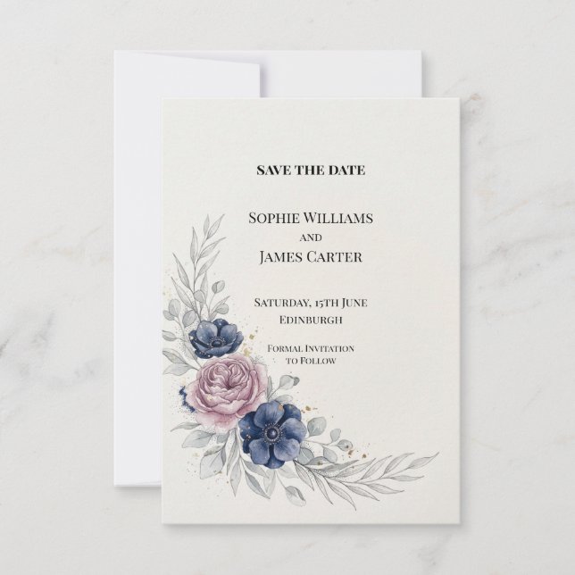 Reserve A Data Salvar a Data de Casamento Floral Roxo Azul (Frente)