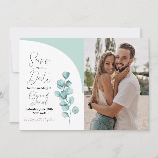 Reserve A Data Salvar a Data Folhas de Eucalipto Casamento Foto (Frente)