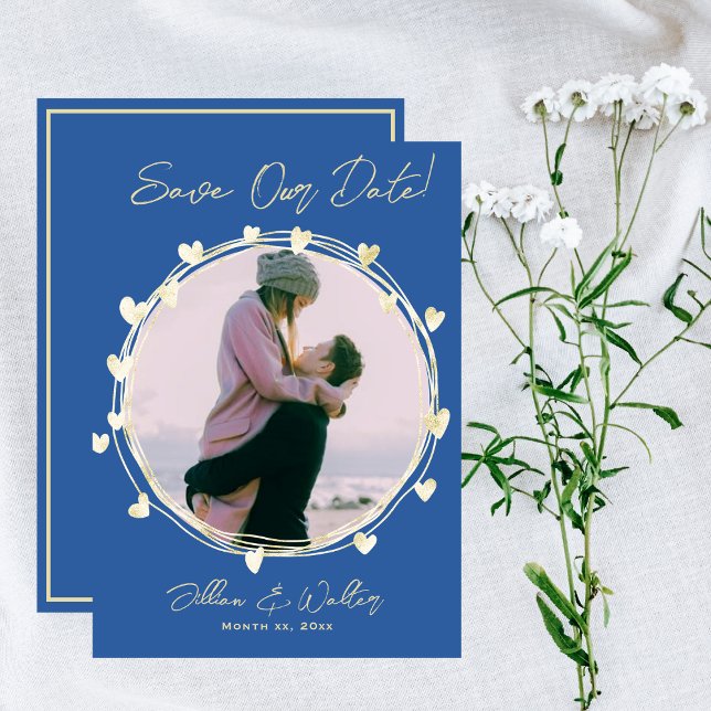 Reserve A Data Salvar a Data Foto Casamento Corações Azul Dourado (Photo Save The Date Wedding Blue Gold Hearts)