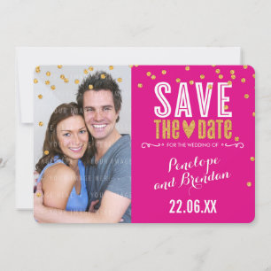 Reserve A Data SALVAR A DATE dourado confetti fuschia cor-de-rosa