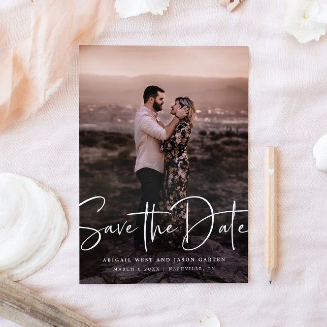 Reserve A Data Salvar a Foto do Script Moderno de Data (modern script save the date photo card)