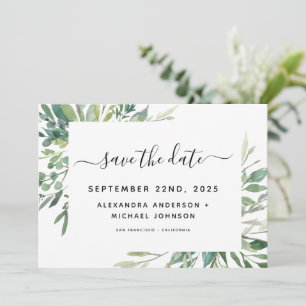 Reserve A Data Salvar Casamento Aquarela Folhagem Verde Botânica