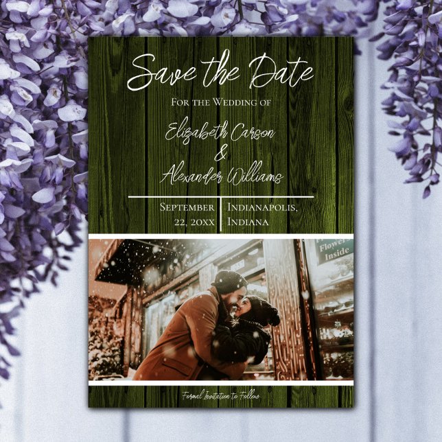 Reserve A Data Salvar Data com Foto Rústica Verde (Green Rustic Photo Save the Date)