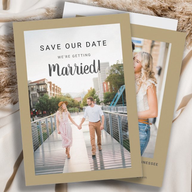Reserve A Data Salvar Data de Casamento 2 Foto Dourado Faça Você  (2-photo, front/back wedding Save-the-Date announcement card)