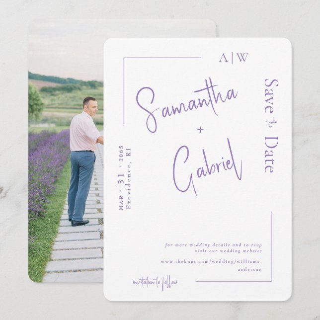 Reserve A Data Salvar data de casamento com foto de lavanda moder (Frente/Verso)