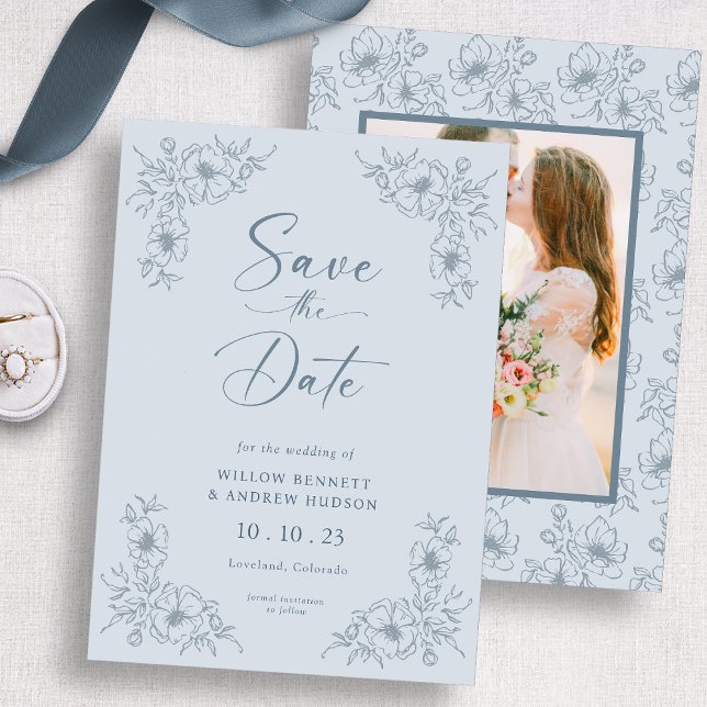 Reserve A Data Salvar Data de Foto Floral Azul (Blue Floral Photo Save The Date
)