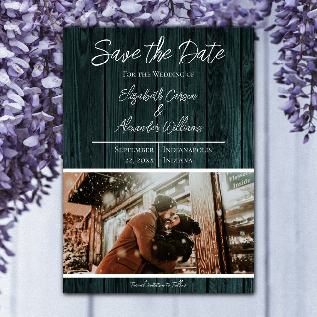 Reserve A Data Salvar Data de Foto Rústica em Verde Azul (Teal Rustic Photo Save the Date)