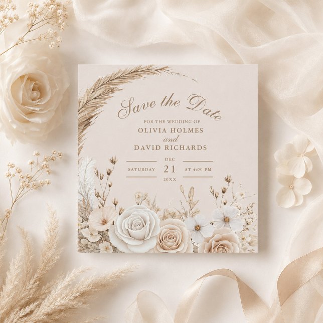 Reserve A Data Salvar Data Flor Silvestre Rústica Bege (Rustic Wildflower Beige Save the Date with beige wedding decor and flowers)