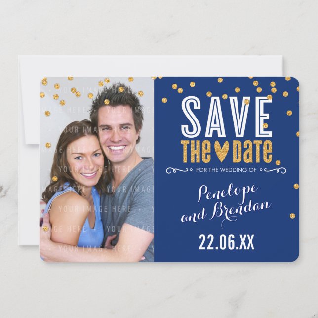 Reserve A Data SALVAR O DATE gold glitter confetti royal blue (Frente)