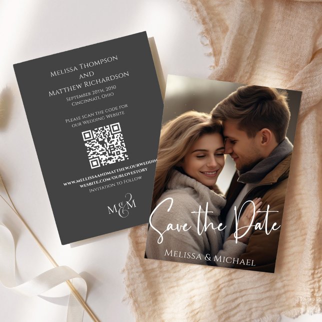 Reserve A Data Salvar o Elegante de Script de Caligrafia de Fotog (Elegant Wedding Save the Date photo card with scannable QR Code. )