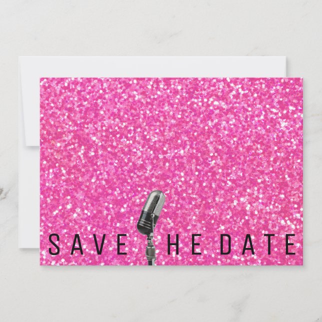 Reserve A Data Salvar O Microfone Glitter Rosa Brilhante Com Data (Frente)
