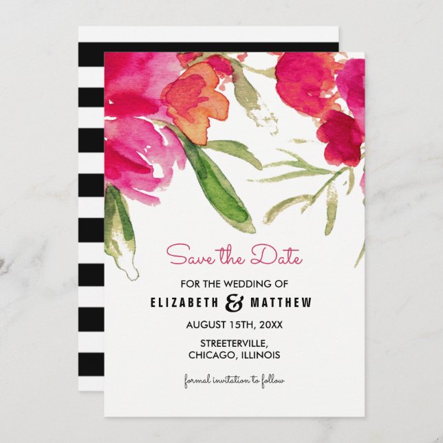 Reserve A Data Salve a Data. Aquarela Casamento Floral em Fuchsia (Frente/Verso)