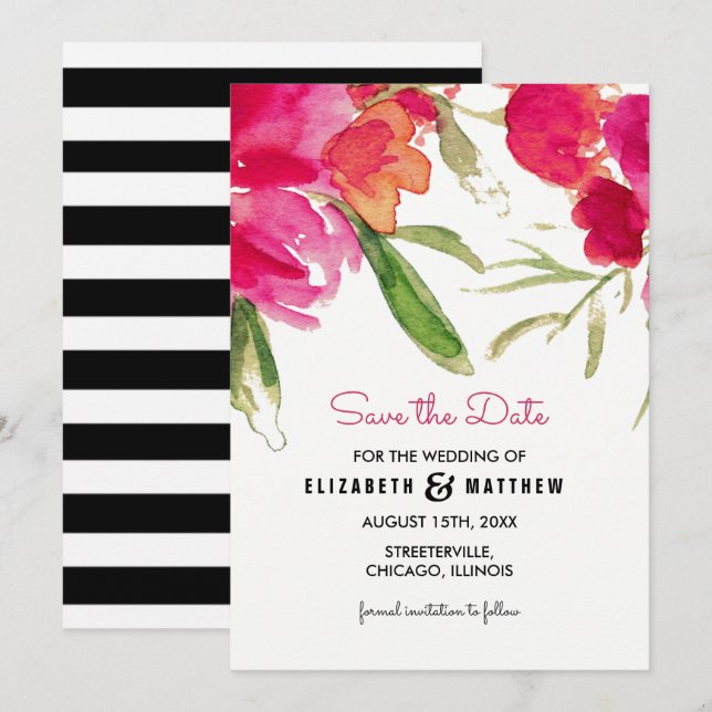 Reserve A Data Salve a Data. Aquarela Casamento Floral Fuchsia (Frente/Verso)