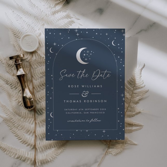 Reserve A Data Salve a Data Arqueado Celestial da Marinha (Zazzle Navy Celestial Arched Save The Date)