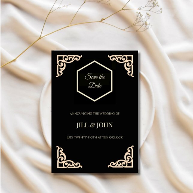 Reserve A Data Salve a Data Casamento Preto Dourado Hexágono Art  (Criador carregado)