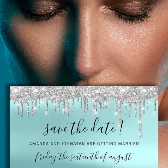 Reserve A Data Salve a Data Cinza Prateado Azul Faíscas Gotejamen (Save The Date Silver Gray Blue Spark Drips Aqua)