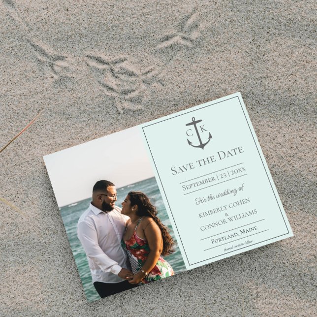 Reserve A Data Salve a Data com Monograma Náutico em Verde Limão  (Mint Nautical Monogram Photo Save the Date)