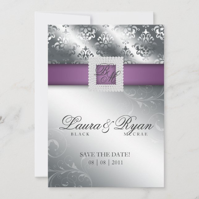 Reserve A Data Salve a data de casamento Damask Jewel Purple Silv (Frente)