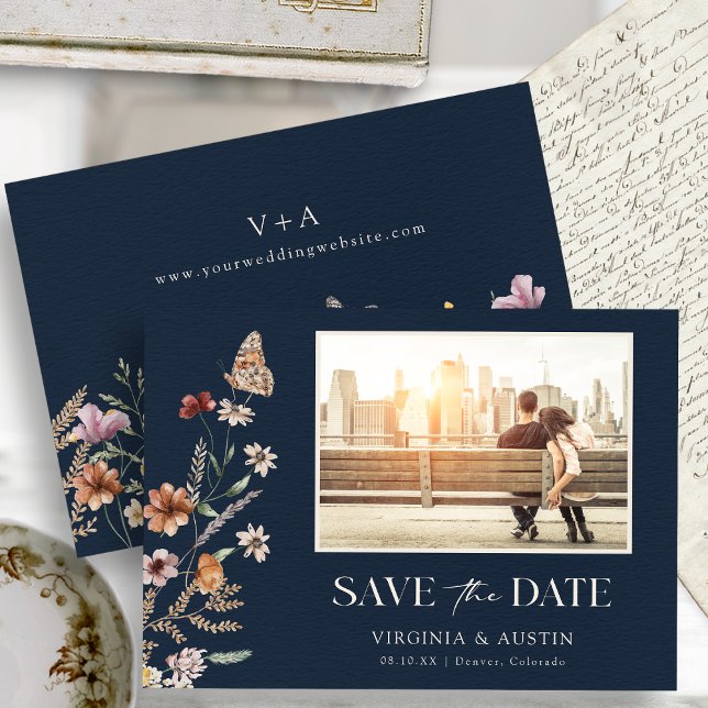 Reserve A Data Salve a Data de Foto Boho Azul Marinho (Navy Blue Autumn Boho Photo Save The Date Monogrammed on Back with Butterfly by Painted Paperie
)
