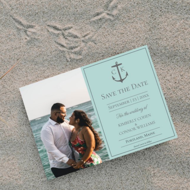 Reserve A Data Salve a Data de Monograma Náutico Verde Foto (Teal Nautical Monogram Photo Save the Date)