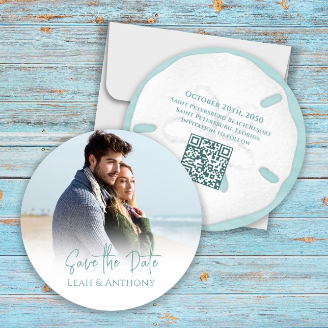 Reserve A Data Salve a data Destino da praia (Wedding destination Save the Date photo circle beach template. With Scannable QR Code. )