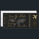 Reserve A Data Salve a Data Dourada do Mapa Mundial de Embarque<br><div class="desc">Bilhete de Plano de Passagem Salve o Cartão de Convite de Data em pintinho e elegante preto e ouro para um Casamento de Destino moderno com logotipo de avião romântico e mapa mundial de fundo e espaço no verso para informações de viagem e acomodações para os hóspedes começarem a planejar...</div>