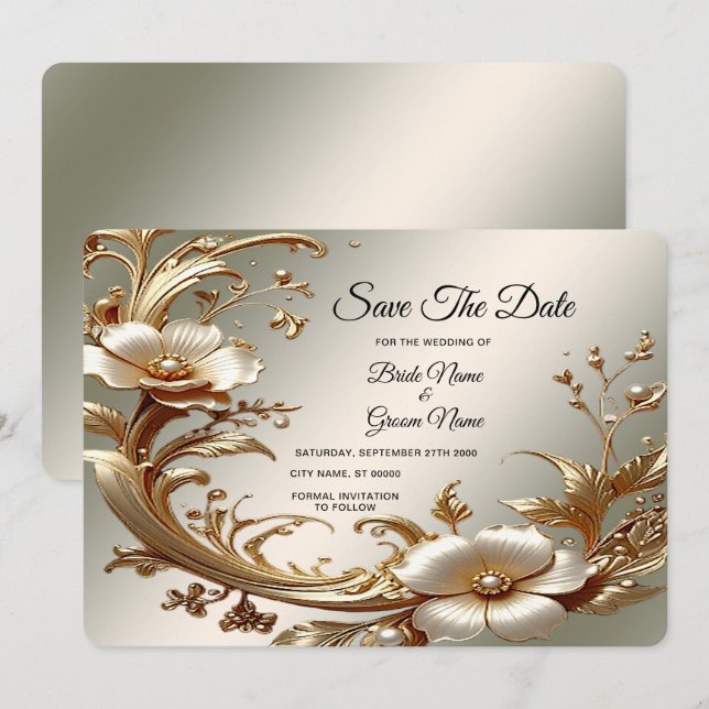 Reserve A Data Salve a Data Floral Dourado (Frente/Verso)