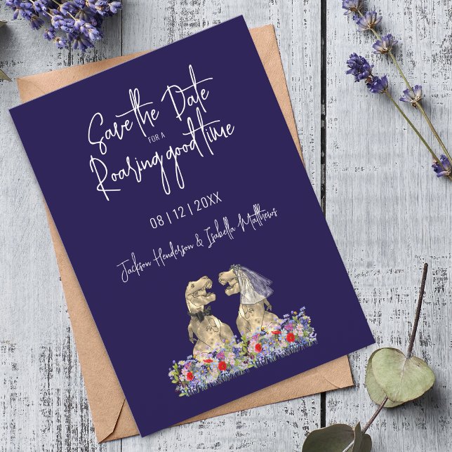 Reserve A Data Salve a Data para um Casamento de Dinossauros Baru (Save the date for a roaring good time dinosaur wedding navy blue wildflower floral invitation)
