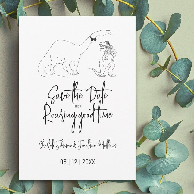 Reserve A Data Salve a Data Para um Ótimo Momento Casamento Dino (Save the date for a roaring good time funny dinosaur wedding T-Rex bride brontosaurus groom line art)