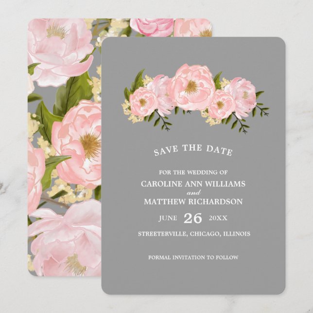 Reserve A Data Salve a Data. Peônias Rosa Bege Cinza Casamento (Frente/Verso)