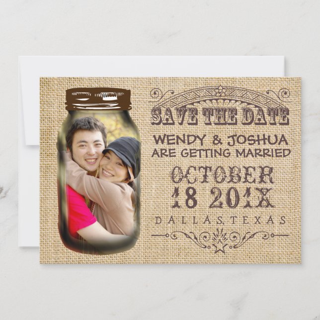 Reserve A Data Salve A Data Pote De Pedra Juta Rústico Casamento (Frente)