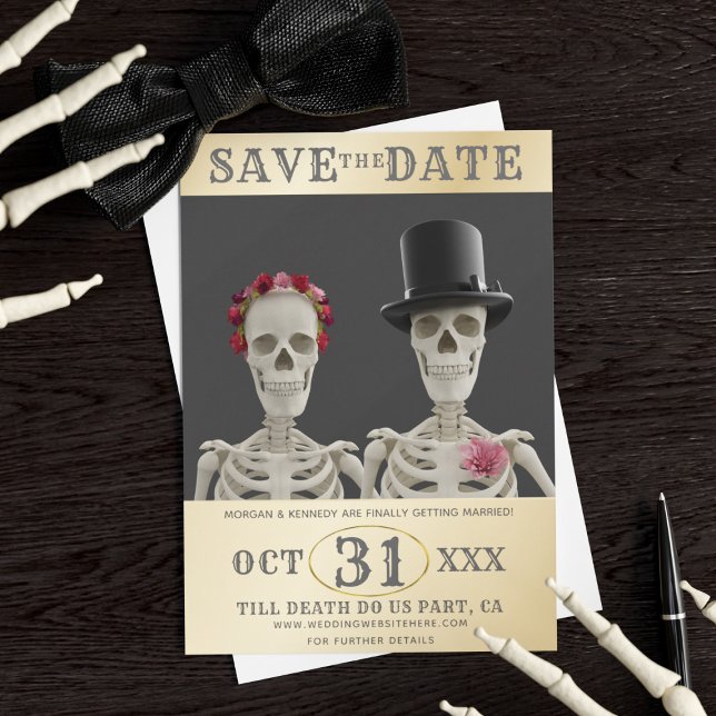 Reserve A Data Salve A Data Skeletons Outubro Casamento De Hallow (A Bride & Groom skeleton themed Save the Date waiting for your details. Great for Halloween Weddings)