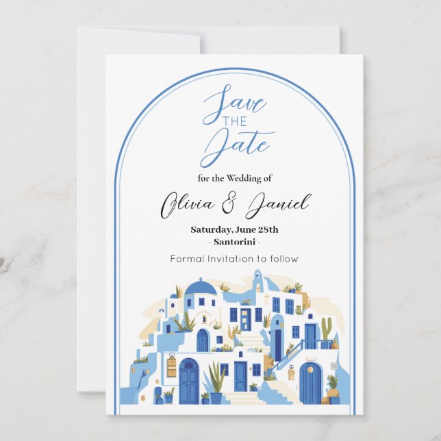 Reserve A Data Salve o casamento Santorini Grécia Azul Branco (Frente)