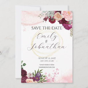 Reserve A Data Salve o Dia Blush Burgundy Floral Gold Circle